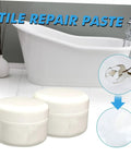 Quick Dry Ceramic Tile Repair Paste Kit With Epoxy Adhesive For Cracked, Chipped Porcelain And Loose Floor Tiles No Fuss 100g Repair Agent And Curing Agent For Bathroom shown with two containers and repaired tile illustration in bathroom setting.