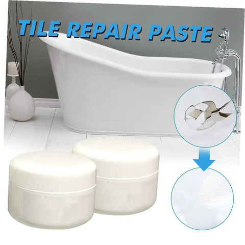 Quick Dry Ceramic Tile Repair Paste Kit With Epoxy Adhesive For Cracked, Chipped Porcelain And Loose Floor Tiles No Fuss 100g Repair Agent And Curing Agent For Bathroom shown with two containers and repaired tile illustration in bathroom setting.
