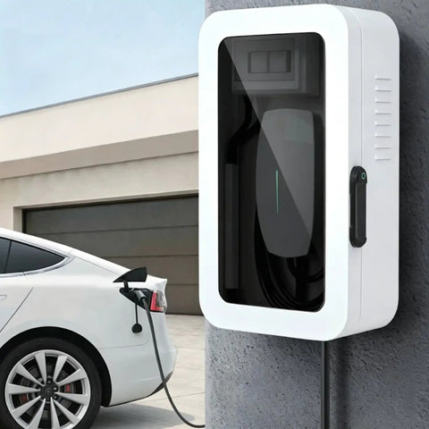 Built Like A Tank Wall Mount Charger Cover With Secure Lock And Cord Organizer For Outdoor Charging Station Box Waterproof Weather Resistant Housing In Classic Black Finish, installed beside a white EV.
