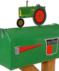 Old School Tractor Themed Mailbox With Classic Green And Red Oliver Design Rustic Rural Style Decor For Farm Fans Premium Metal Mailbox