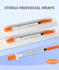 One Milliliter 5/16 Inch Syringe Tips Individually Wrapped 30 Pack With Smooth Plunger, showing sterile packaging and orange plunger