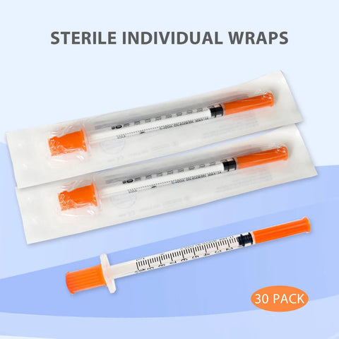 One Milliliter 5/16 Inch Syringe Tips Individually Wrapped 30 Pack With Smooth Plunger, showing sterile packaging and orange plunger