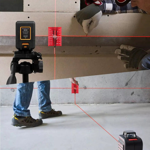 Super Tough Red Laser Enhancement Glasses Kit With Hefty Magnetic L Bracket And Bright Reflective Target Plate used for precision alignment in construction.