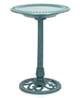 Pedestal Birdbath With Scrollwork In Aged Green For Outdoor Gardens And Patios 28 Inch Tall Shallow Bowl Ideal For Multiple Small Birds