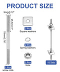 Durable M3x70mm Double Ended Threaded Stud Bolts Set 304 Stainless Steel 10 Pcs With Nuts Square Washers And Spring Washers 70mm Total Length With 25.5mm Thread On Each Side Ideal For DIY Home Fixups. Size chart with screw rod, washers and nuts