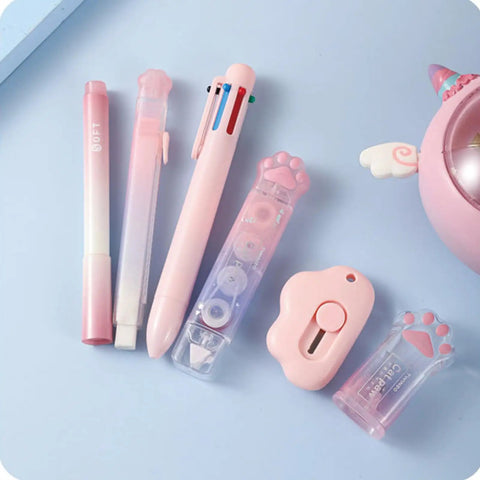 Pink Cat Paw Stationery Set Must Have For School And Office Cute Kawaii Desk Supplies With 9 Pieces Including 6 In 1 Ballpoint Pen Highlighter