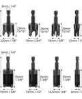 Eight Piece Wood Plug Cutter Drill Bit Set With One Quarter, Five Sixteenths, Three Eighths And One Half Inch Sizes And One Quarter Inch Hex Shank For Clean, Professional Plug Fittings In Woodworking, showing various bit sizes and measurements.