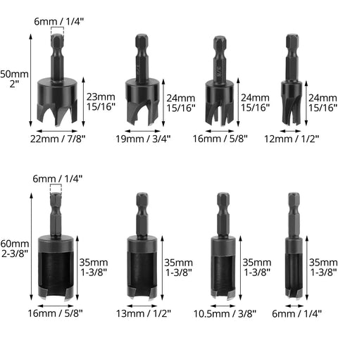 Eight Piece Wood Plug Cutter Drill Bit Set With One Quarter, Five Sixteenths, Three Eighths And One Half Inch Sizes And One Quarter Inch Hex Shank For Clean, Professional Plug Fittings In Woodworking, showing various bit sizes and measurements.