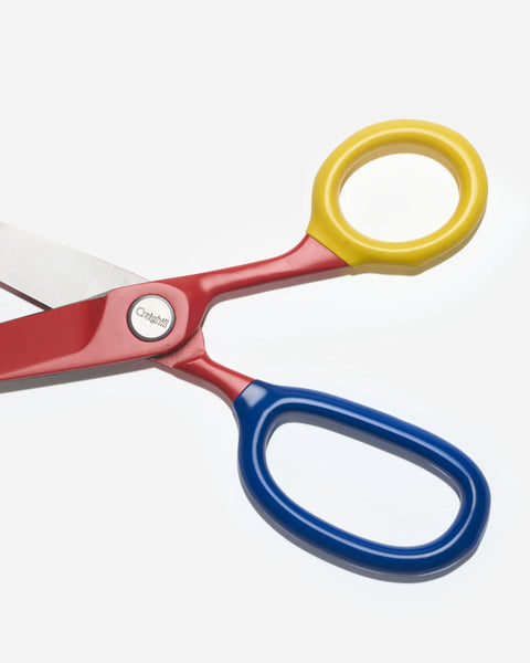 Chroma Scissors 8.5 Inch Heavy Duty Stainless Steel All Purpose Shears For Office Craft And Home Use With Ultra Sharp Blade And Ergonomic Comfort Grip Handles In Bold Red Color For Smooth Cutting And Everyday DIY Ready Workhorse, red handle close-up