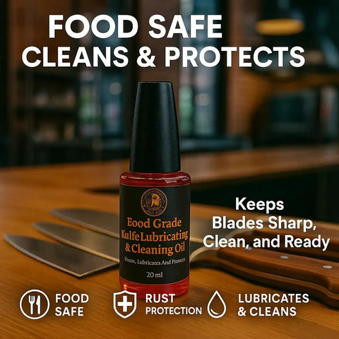 Premium Knife Pivot Lube Oil For Folding Knives And Tools With Food Safe Formula Reduces Friction And Wear 20ml Bottle on table