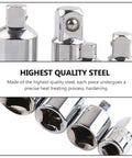 Top Tier 4pcs Impact Socket Adapter And Reducer Kit For Ratchets Drop Forged Steel Chrome Silver Detent Balls Heavy Duty Wrench Converter Fits All Sizes. 4 chrome steel socket adapters on white