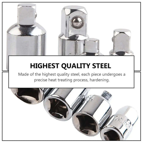 Top Tier 4pcs Impact Socket Adapter And Reducer Kit For Ratchets Drop Forged Steel Chrome Silver Detent Balls Heavy Duty Wrench Converter Fits All Sizes. 4 chrome steel socket adapters on white