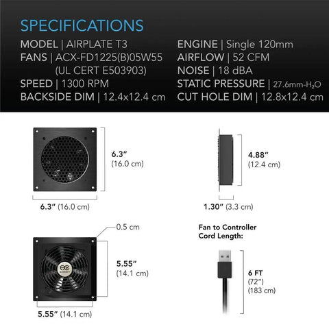 AirPlate T3 Crazy Quiet 6 Inch Cooling Fan System dimensions and specifications chart