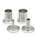 Sanitary Stainless Steel Hose Barb To Tri Clamp Pipe Fittings Boss Grade Range 6mm 8mm 10mm 12mm 14mm 16mm 19mm 25mm 32mm 38mm Barbs With 0.5 Inch 1 Inch 1.5 Inch 2 Inch Clamp Ends SS304 316L Hygienic Food Grade fittings on white background