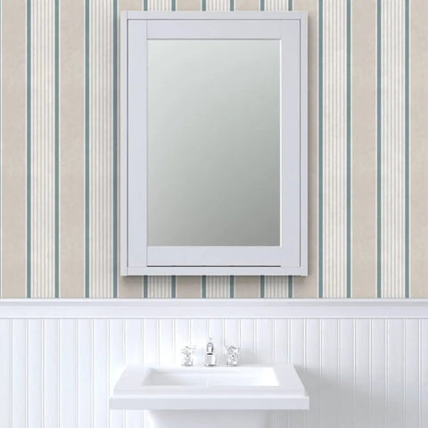 Rustic Victorian Matte Linen Wallpaper, beige wall with narrow blue stripes, bathroom setting with sink and mirror.