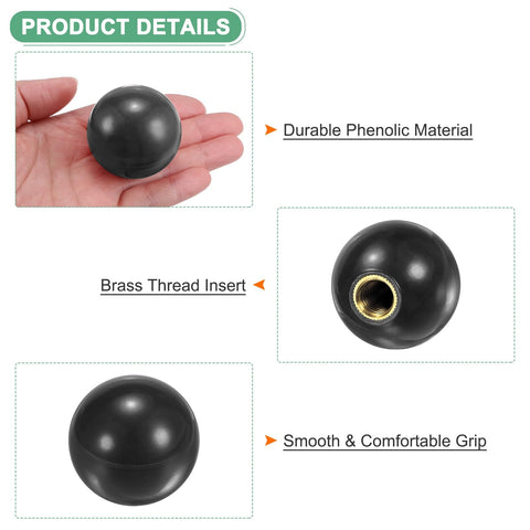 Four Pack Threaded Ball Knobs M12 Female Thread 40mm Diameter Thermoset Ball Knob Heavy Duty For Lathe Machine Lawn Mowers, phenolic, brass insert