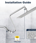 Top Notch 12 Inch Rain Shower Head With Adjustable Extension Arm installation guide with Teflon tape and connectors.
