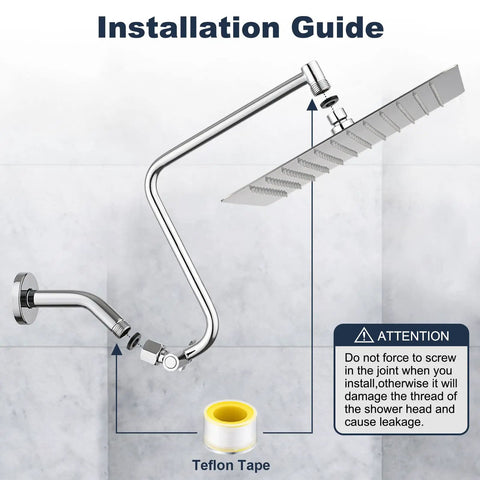 Top Notch 12 Inch Rain Shower Head With Adjustable Extension Arm installation guide with Teflon tape and connectors.