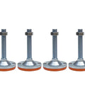 Built To Hustle Adjustable Self Leveling Feet Four Pack Thick Carbon Steel Support Legs For Heavy Machinery Quick Thread Lift System, showcasing metal base and threaded design.