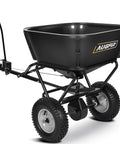 Heavy Duty Tow Behind Fertilizer And Seed Spreader With 130 Lb Hopper And Adjustable Flow Control, black hopper on wheels