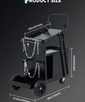 Heavy Duty Welding Cart On Wheels With Four Drawers For MIG Welder TIG Welder And Plasma Cutter 360 Degree Rolling Welders Tool Kit Cart With Gas Cylinder Storage Black, showing dimension measurements.