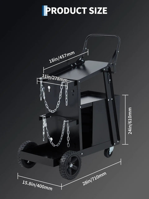 Heavy Duty Welding Cart On Wheels With Four Drawers For MIG Welder TIG Welder And Plasma Cutter 360 Degree Rolling Welders Tool Kit Cart With Gas Cylinder Storage Black, showing dimension measurements.