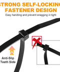 Beefy Heavy Duty Black Cable Zip Ties 12 Inch 1200 Pack Nylon 66 Tie Wraps With 50 Lb Tensile Strength showing self-locking design