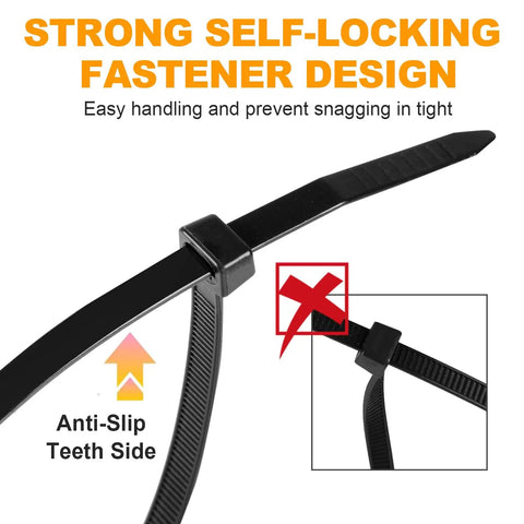 Beefy Heavy Duty Black Cable Zip Ties 12 Inch 1200 Pack Nylon 66 Tie Wraps With 50 Lb Tensile Strength showing self-locking design