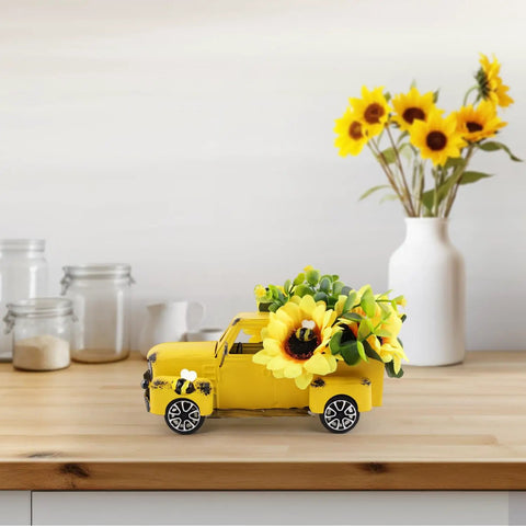 Sunny Sunflower Table Decor with Metal Truck Farmhouse Mini Pickup Realistic Yellow Flowers for Tiered Tray Kitchen Décor