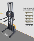 Heavy Duty Full Electric Pallet Stacker with adjustable fork width and overall width details, designed for efficient warehouse use.