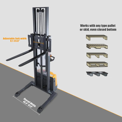 Heavy Duty Electric Pallet Stacker With One Eighteen Inch Lift Height And Three Thousand Three Hundred Pound Capacity For No Sweat Hauling Featuring Gel Battery Power adjustable fork width shown with dimensions.