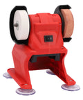 Heavy Duty Mini Bench Grinder With 3mm Steel Guard, featuring dual corundum wheels for grinding and polishing. Red base design.