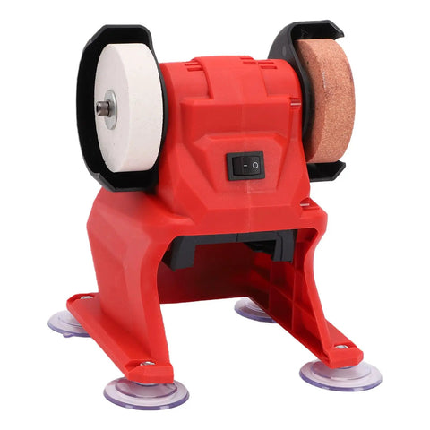 Compact Mini Bench Grinder 18V Battery Power with dual corundum wheels for polishing and sharpening tasks.