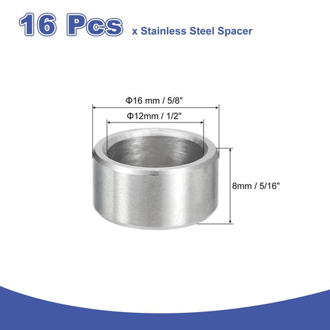 16 Pack 304 Stainless Steel Spacer 12mm ID 16mm OD 8mm Length 1/2 x 5/8 x 5/16 Inch Unthreaded Round Standoff for M12 Bolts
