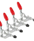 Set of four metal clamps with red handles, side view of Beefy 45 Kg Toggle Clamp With Fixed Lock for woodworking and welding use