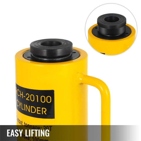 20T 4 Inch Hollow Hydraulic Cylinder Jack For Heavy Duty Lifting, Single Acting Ram, 100mm Stroke, yellow steel construction