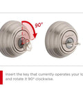 Instructional image showing a key being inserted and turned 90 degrees in the Tustin Entry Lever And Deadbolt Combo With SmartKey Security.