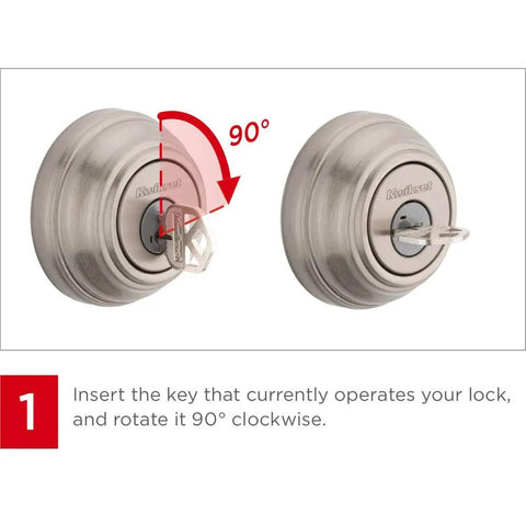 Instructional image showing a key being inserted and turned 90 degrees in the Tustin Entry Lever And Deadbolt Combo With SmartKey Security.
