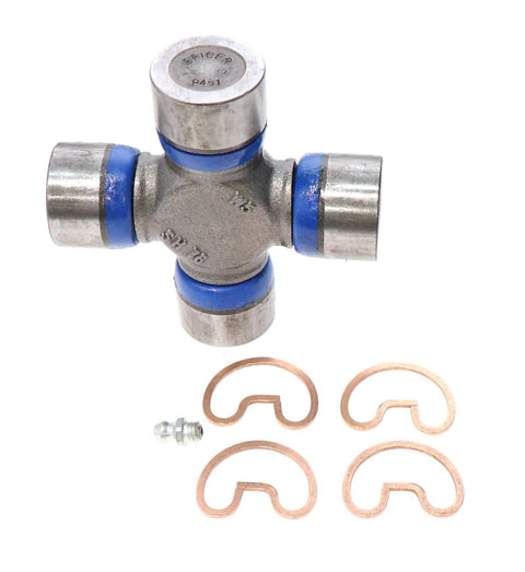 Greaseable Universal Joint Kit 1350 Series OSR With Snap Rings Exterior Snap Ring Style Bearing Cap Diameter 1.188 Inches Cap To Cap 3.625 Inches OE Replacement Direct Fit For Heavy Duty Truck And SUV Driveshafts Ready To Install, showing U-joint and snap rings.