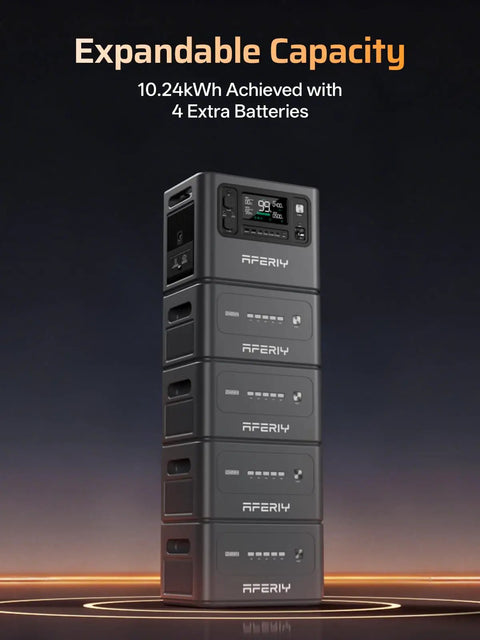 Stack of Go To Portable Power Station P280 with 2800W Peak 2048Wh LiFePO4 Battery expandable to 10kWh, five units shown