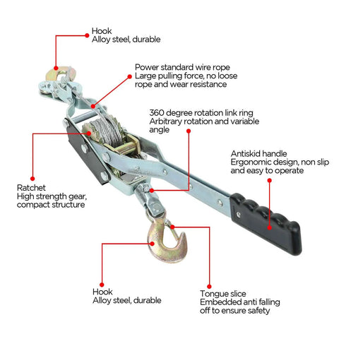 Beefy 4 Ton Heavy Duty Dual Gear Come Along Puller With Two Hooks And Steel Cable showcasing detailed components and ergonomic handle.