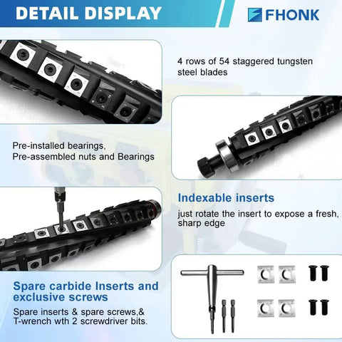 Detail display of 12.5 Inch Helical Cutterhead For DW733 DW734 Thickness Planer Upgrade with carbide inserts and tools.