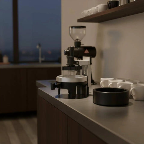 Premium Espresso Coffee Distributor And Tamper Leveler With Adjustable Rotary Depth And Twelve Prongs on kitchen counter.