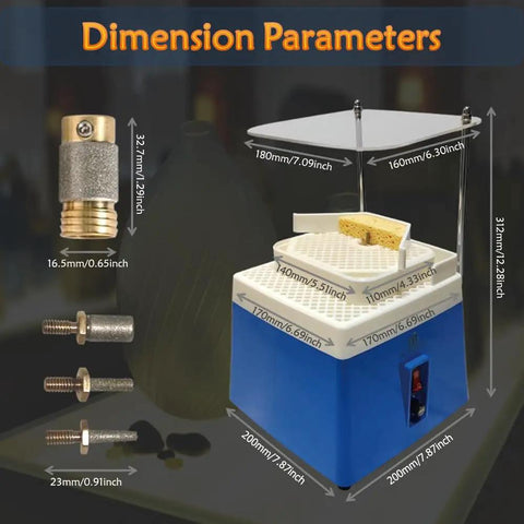 No Sweat Heavy Duty Dual Layer Portable Stained Glass Grinder dimensions with specs and water delivery system components.