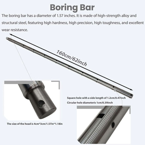 Yokoma 110V line boring bar, 160 cm long, with square 1.2 cm side hole and 1 cm circular holes.
