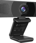Crystal Clear 1080P HD Webcam With Four Noise Blocking Mics And Dual Built In Speakers Adjustable Wide Angle Lens showing front view and adjustable mount.