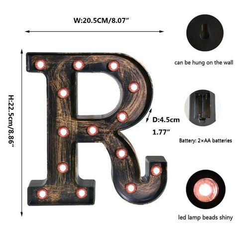 Golden Black LED Marquee Letter Light Up Sign In Industrial Vintage Style Handmade Alphabet Lamp For Cozy Cafe Vibe Weddings Christmas Decor Home Bar 8.9 Inch Battery Powered with measurements and battery details
