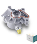 Angled front view of AULINK brake vacuum pump for VW 1.9L TDI; aluminum housing, orange O-ring, yellow cap, with box