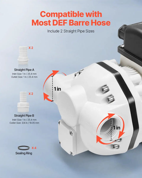 Heavy Duty Def Transfer Pump showing two straight pipe sizes, 1 inch inlet, compatible with most DEF barre hoses.