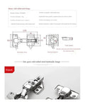 Heavy Duty Stainless Steel Hydraulic Hinge Set For Cabinets And Furniture, dimension and opening diagram visible.